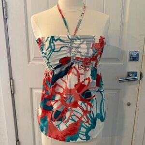 Roxy halter Top ruching size XS Red aqua multi going out top 2010s coastal vibes